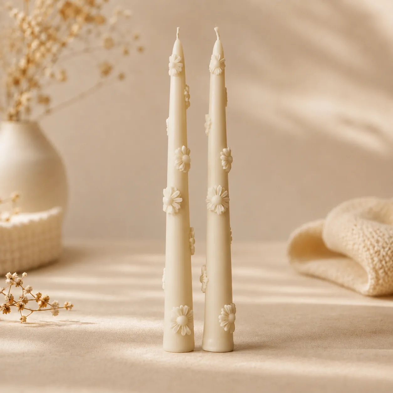ivory-flower-taper-candles-set-1 شمع قلمی گلبرگ شیری جفت - Image 1