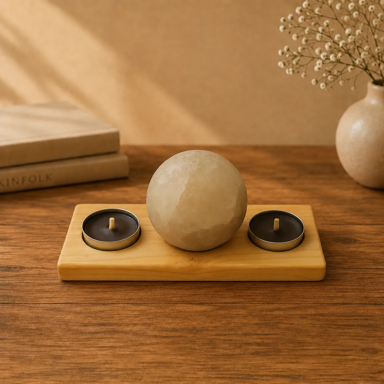 salt-stone-moonlight-double-candle-holder استند سنگ نمک ماهتاب دوشمع با پایه چوبی - Image 1
